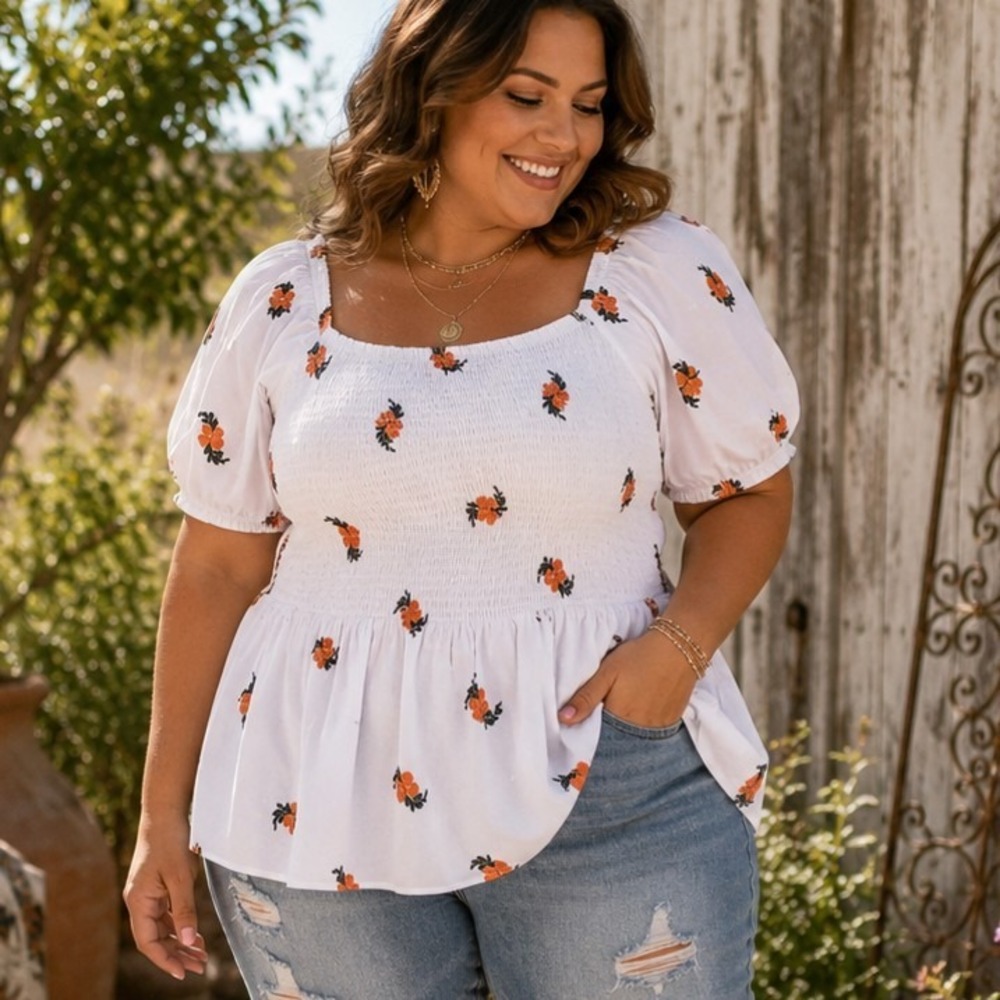 Coco & Shay Smocked Ruffled Top Women's 2XL Embroidered Puff Sleeves NWT